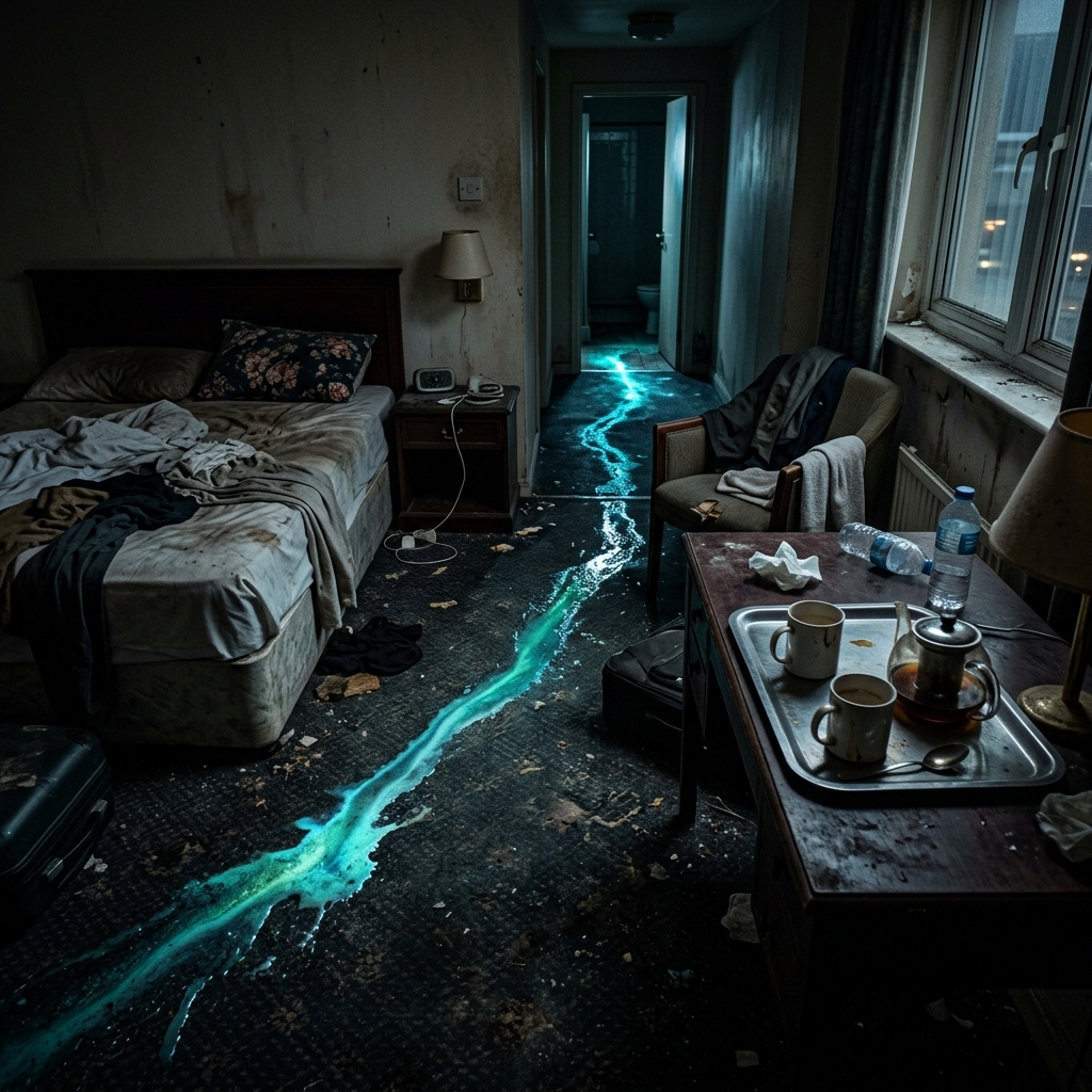 [AI IMAGE PROMPT: Creepy, messy hotel room 101. A cold tea tray sits on a table, and a glowing, wet chemical streak trails across the dark carpet floor. Cinematic lighting]